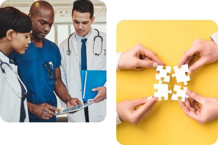 medical providers all looking over nursing home patient chart - psychiatric services provider in houston tx - sunlight behavioral health consultants